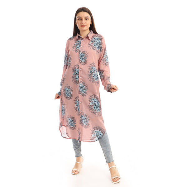 Floral Buttons Down Summer Long Shirt - Cashmere & Baby Blue