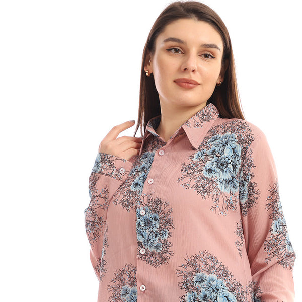 Floral Buttons Down Summer Long Shirt - Cashmere & Baby Blue