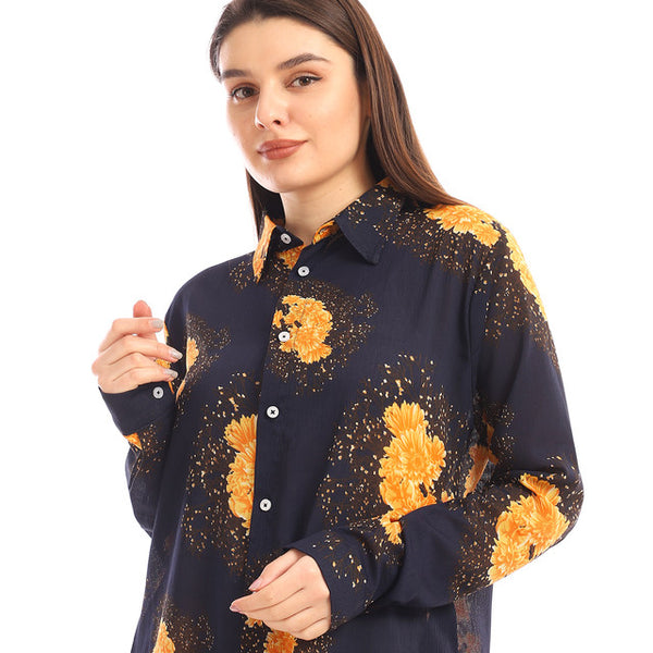 Floral Buttons Down Summer Long Shirt - Navy Blue & Orange