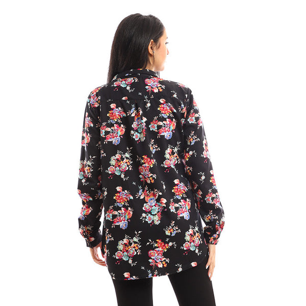 Floral Full Buttoned Classic Collar Shirt - Black