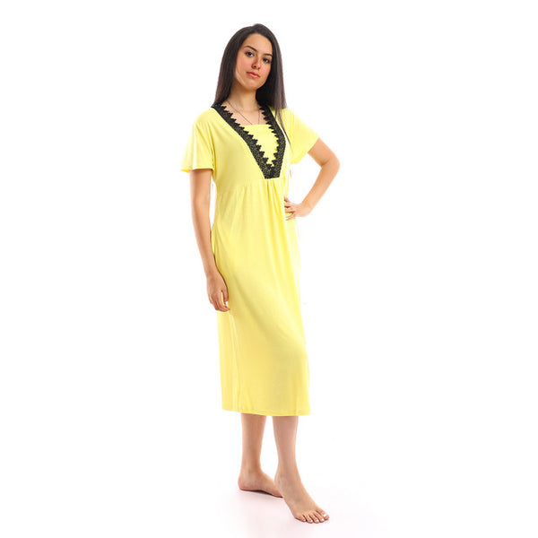 Lace Lined V Neck Nightgown - Yellow & Black