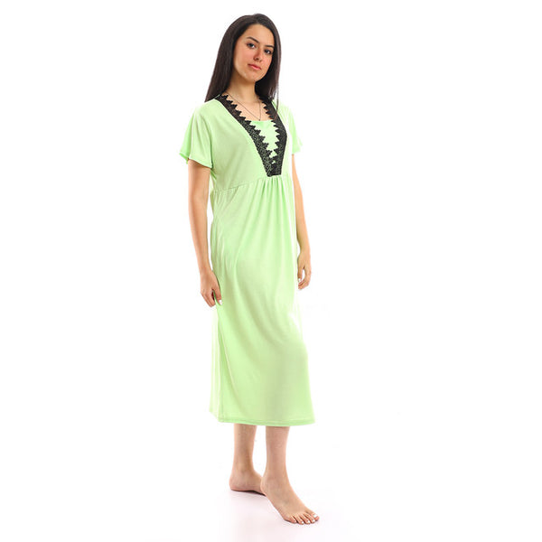 Lace Lined V Neck Nightgown - Pistachio & Black