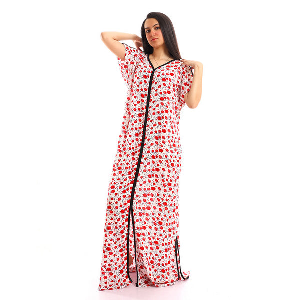 Front & Side Slits Floral Nightgown - Red, White & Black
