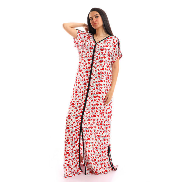 Front & Side Slits Floral Nightgown - Red, White & Black