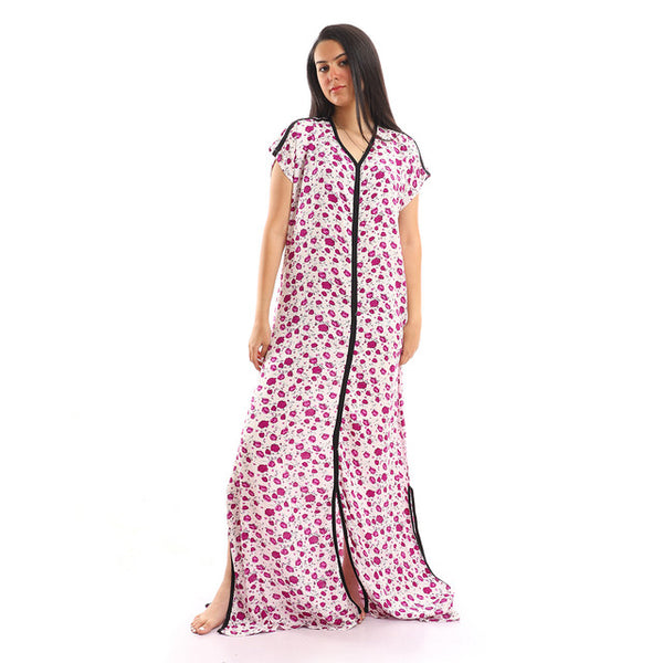 Front & Side Slits Floral Nightgown - Purple, White & Black