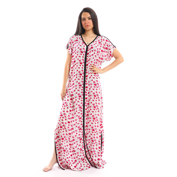 Front & Side Slits Floral Nightgown - Fuchsia, White & Black