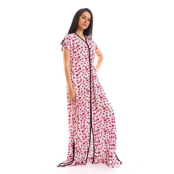 Front & Side Slits Floral Nightgown - Fuchsia, White & Black