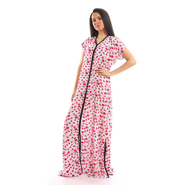 Front & Side Slits Floral Nightgown - Fuchsia, White & Black