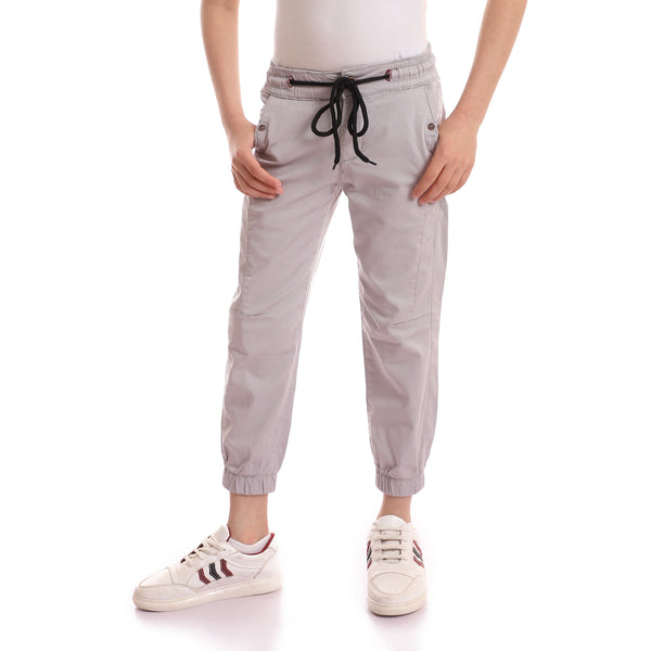 Plain Light Grey Double Closure Gabardine Joggers