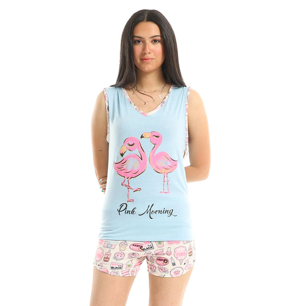 Flamingo V-Neck Shorts Pajama Set - Light Blue & Beige