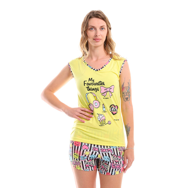 sleeveless_cotton_patterned_pajama_set_-_yellow_-_black
