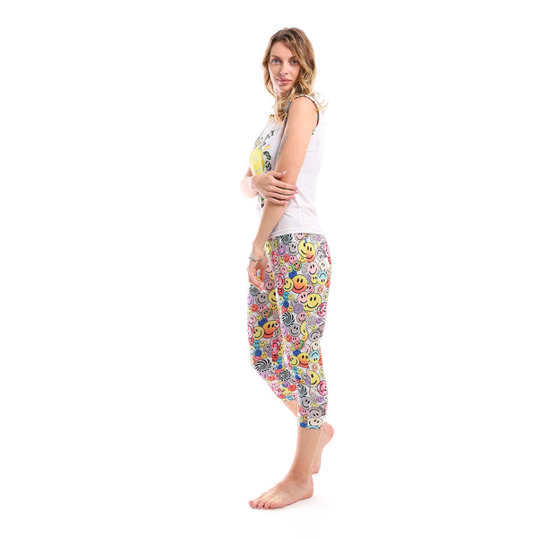 Summer Colorfull Smiley Cotton Pajama Set - Multicolour