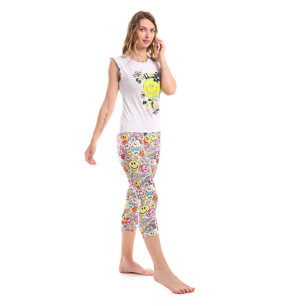 Summer Colorfull Smiley Cotton Pajama Set - Multicolour