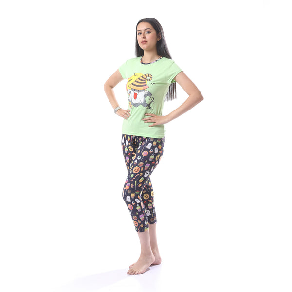 Halloween_Printed_Pantacourt_Pajama_Set_-_Mint_Green,_Black_&_Orange