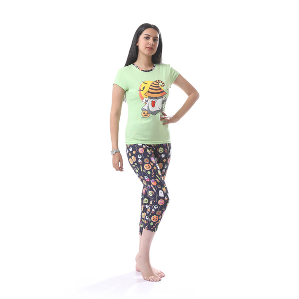 Halloween_Printed_Pantacourt_Pajama_Set_-_Mint_Green,_Black_&_Orange