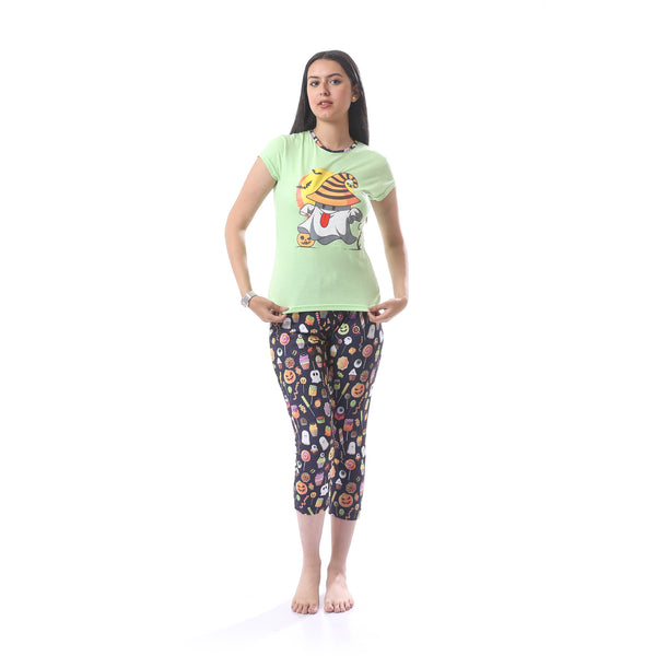 Halloween_Printed_Pantacourt_Pajama_Set_-_Mint_Green,_Black_&_Orange