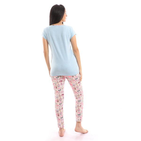 QUEEN Cotton Pajama Set - Sky Blue & Rose