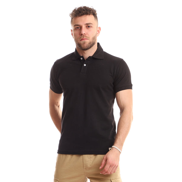 Turn Down Collar Short Sleeves Pique Black Polo Shirt