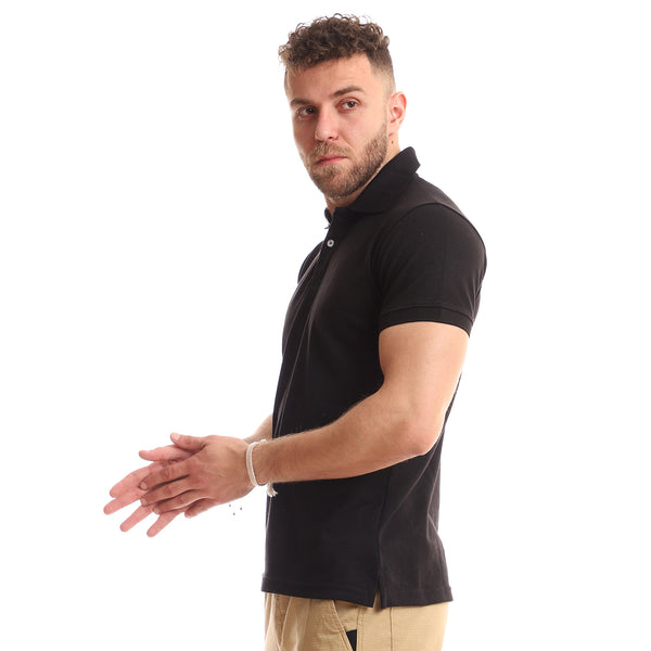 Turn Down Collar Short Sleeves Pique Black Polo Shirt