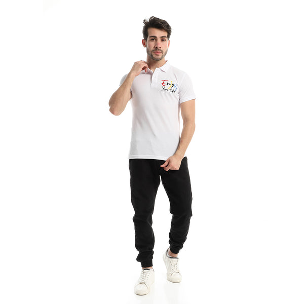 Side " Enjoy Your Life" Cotton Regular Fit Polo Shirt - White