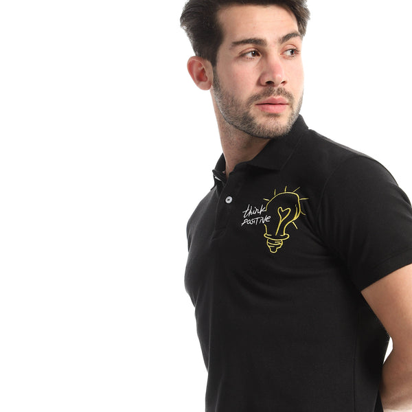 Black Classic Neck Pique Polo Shirt With Side Stitches
