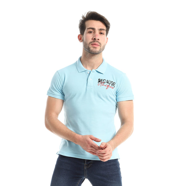 Upper Buttoned Stitched Half Sleeves Polo Shirt - Baby Blue