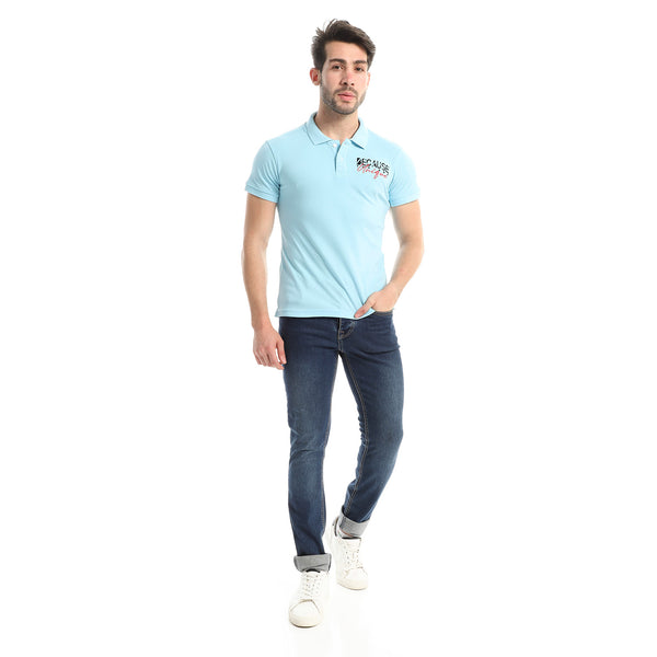 Upper Buttoned Stitched Half Sleeves Polo Shirt - Baby Blue
