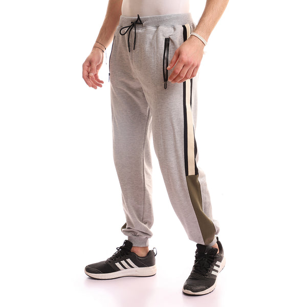 Heather Grey & Olive Sweatpants With Black & Cream Side Tape