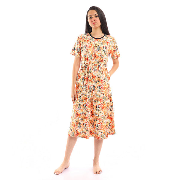 Patterned Short Sleeves Short Nightgown - Orange