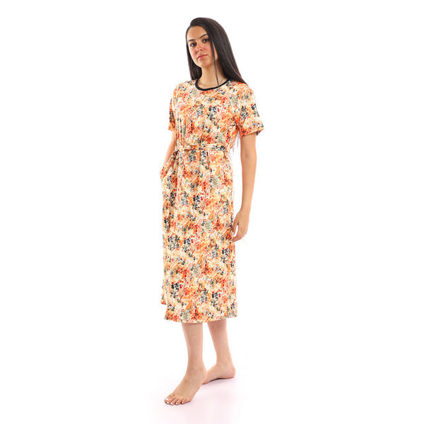 Patterned Short Sleeves Short Nightgown - Orange