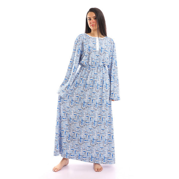 Buttoned long Sleeves Long Nightgown - Blue