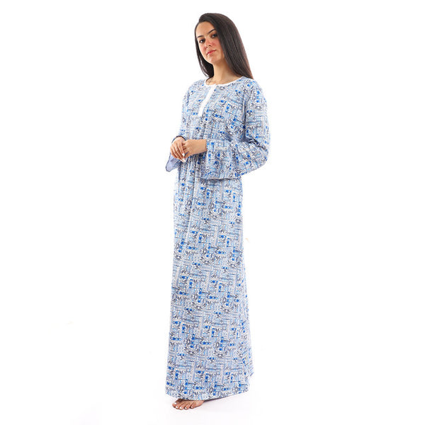 Buttoned long Sleeves Long Nightgown - Blue