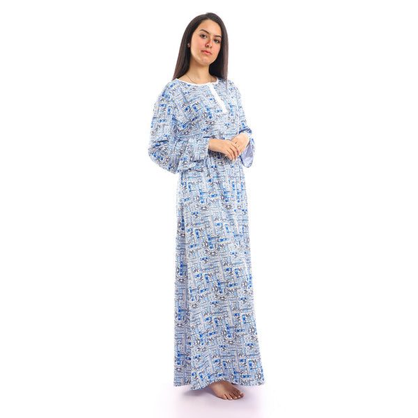 Buttoned long Sleeves Long Nightgown - Blue