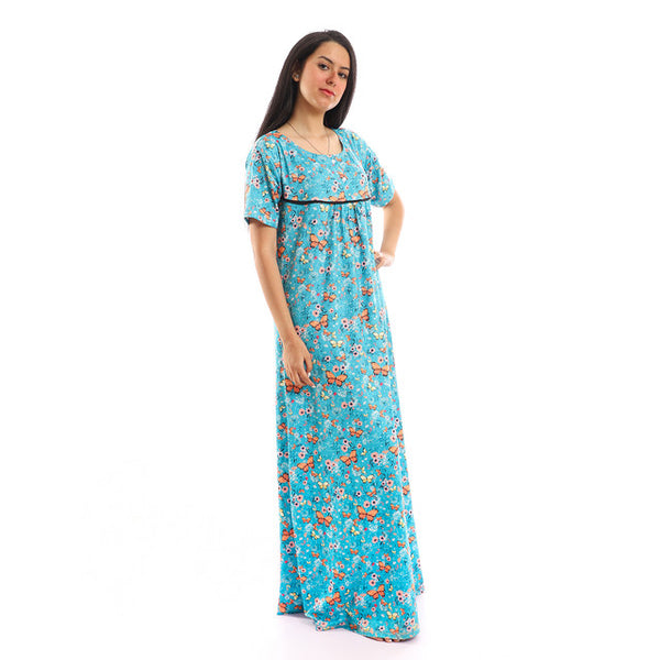 Butterflies Pattern Long Sleeves Nightgown - Turquoise