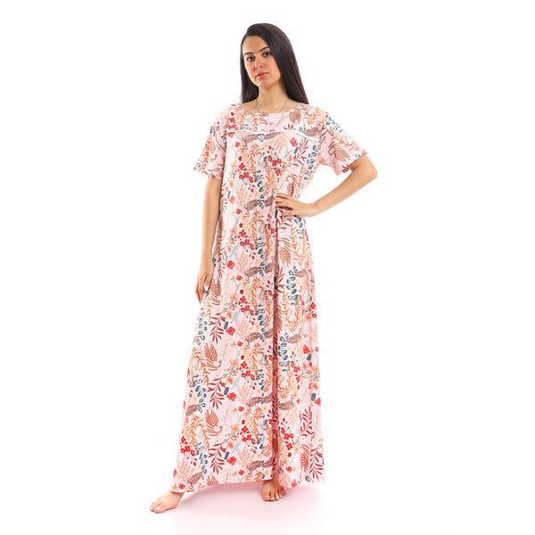 Upper Buttoned Patterned Long Nightgown - Rose