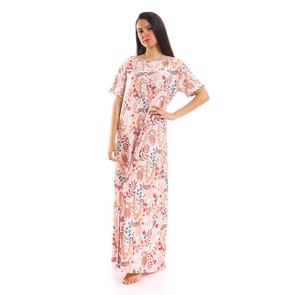 Upper Buttoned Patterned Long Nightgown - Rose