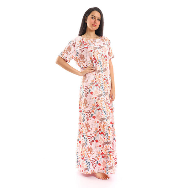 Upper Buttoned Patterned Long Nightgown - Rose