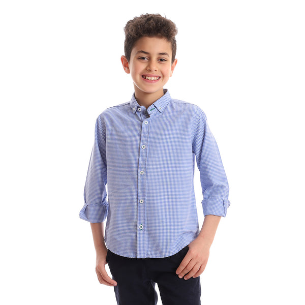 Checkered Classic Neck Boys Shirt - Baby Blue & White
