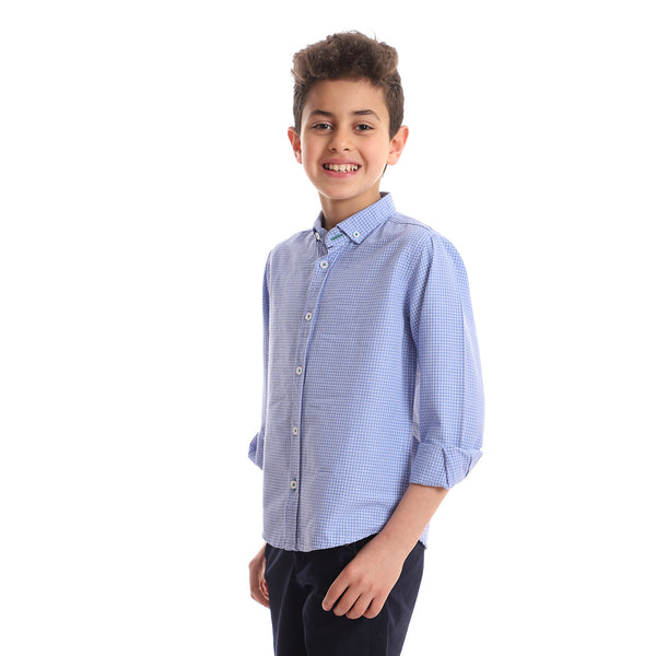 Checkered Classic Neck Boys Shirt - Baby Blue & White