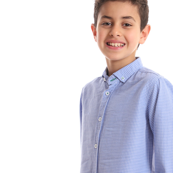 Checkered Classic Neck Boys Shirt - Baby Blue & White