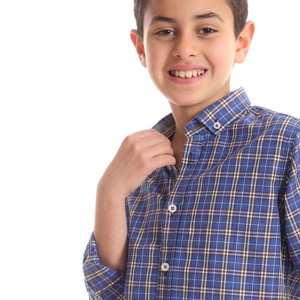 قميص قطن تارتان كاجوال للأولاد - أزرق كحلي ، بني وبيج