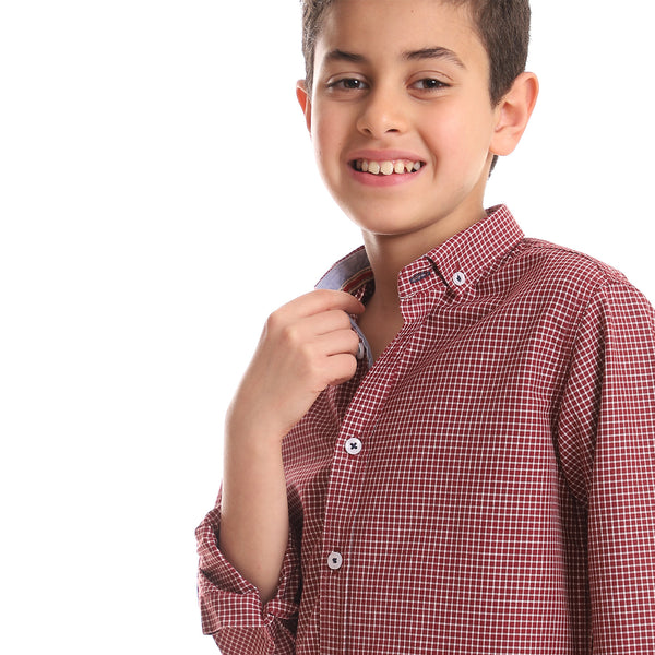Tiny Checkered Full Sleeves Boys Shirt - Burgundy & Beige