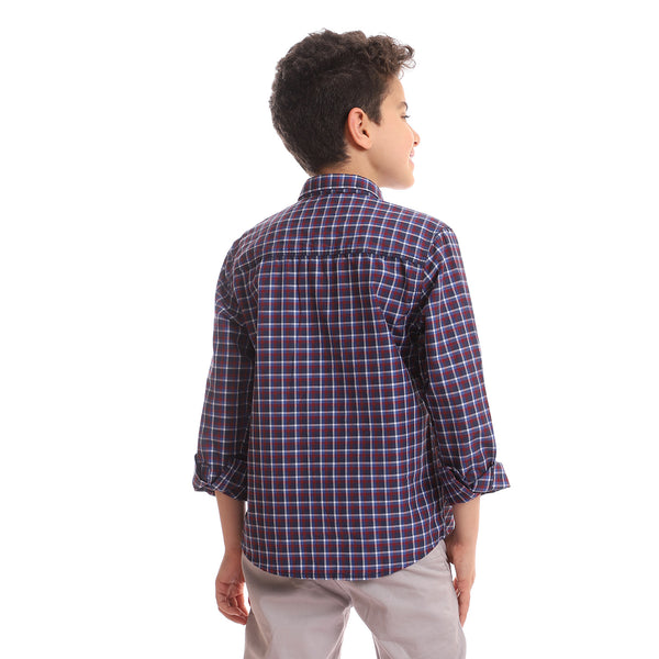 Casual Long Sleeves Checkered Shirt - Navy Blue, White & Red