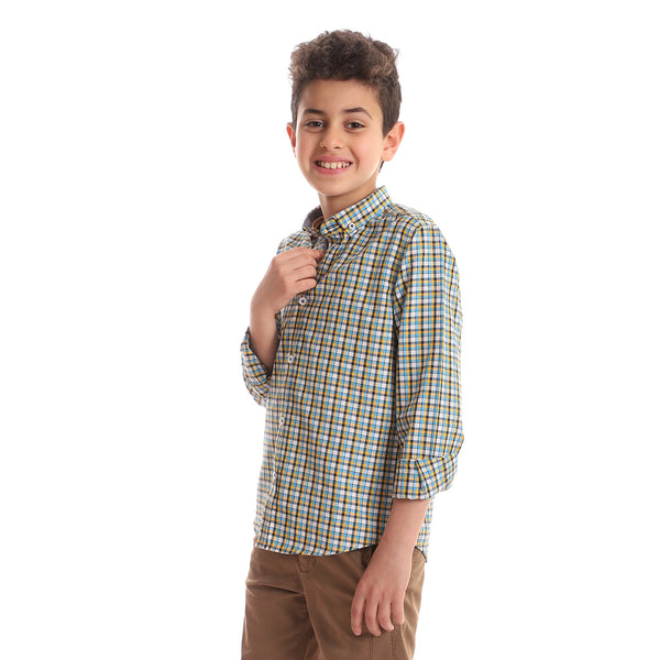 Boys Standard Fit Full Sleeves Shirt - Turquoise, Yellow & White