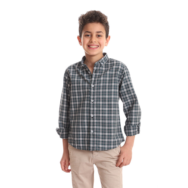 Full Buttoned Cotton Boys Shirt - Green & White