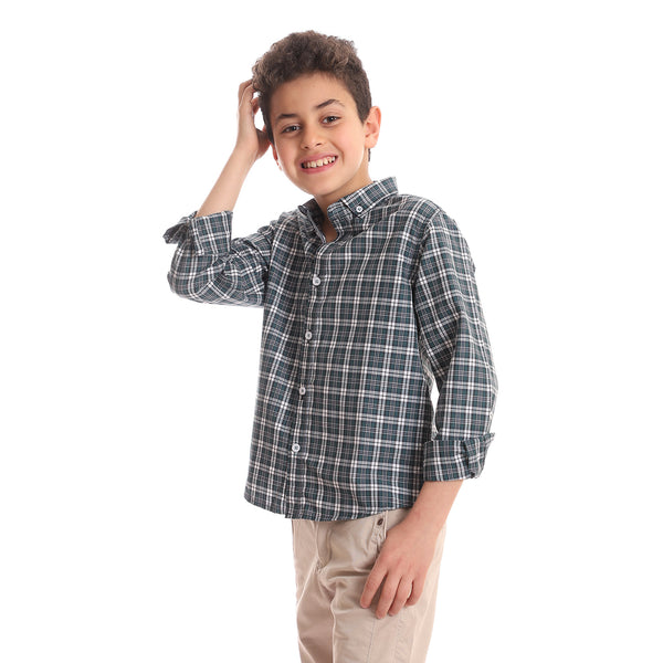 Full Buttoned Cotton Boys Shirt - Green & White