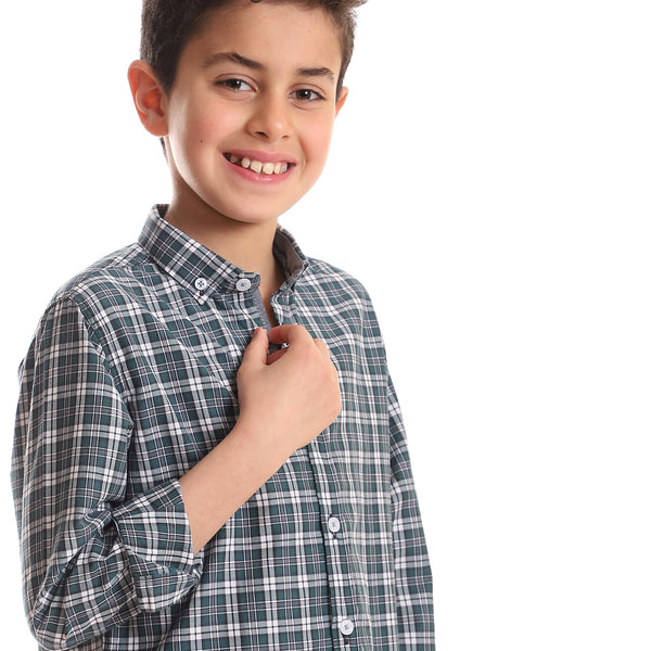 Full Buttoned Cotton Boys Shirt - Green & White