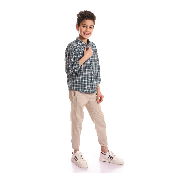 Full Buttoned Cotton Boys Shirt - Green & White