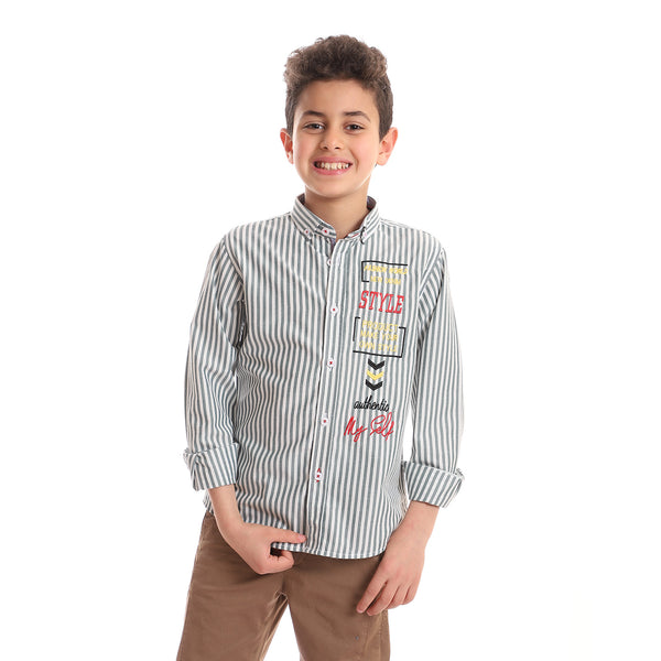 Striped Boys Shirt With Side Stitched Patch - Grey & White