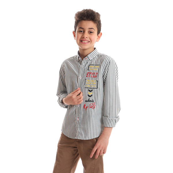 Striped Boys Shirt With Side Stitched Patch - Grey & White